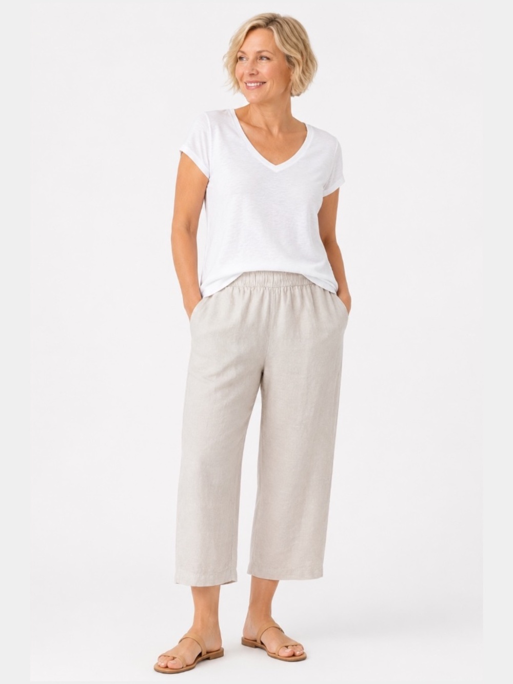 TAHARI 100% Linen in Natural Cropped Wide Leg Pull On Pants w/ Pockets Sz XL